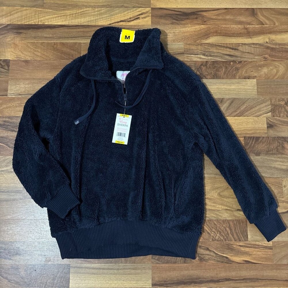 NWT Cozy Sherpa Blue Pullover Jacket 1/4 Zip Fluffy Fleece Coat Collar Medium